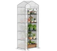 Outsunny 5 Tier Mini Greenhouse with PE Cover 69 x 49 x 193cm White/Grey | Portable Greenhouse, Reinforced Cover, Garden Grow House, Roll Up Door, Shelves, Small Garden