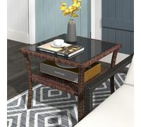 Outsunny 50cm Outdoor PE Rattan Coffee Table, Patio Wicker Two-tier Side Table with Glass Top, for Patio, Garden, Balcony, Brown Brown