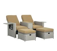 Outsunny Recliner Rattan Sun Lounger w/ Storage Tea Table & Footstools, Grey