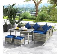 Outsunny 5Pcs Rattan Dining Corner Sofa Set, Garden Furniture Set, Dark Blue, Blue