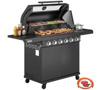 Outsunny 6+1 Burner Gas BBQ Grill, 20.5 kW Portable Outdoor Barbecue Trolley with Wheels, Warming Rack, Built-in Thermometer, Side Shelves, Cabinet, Bottle Opener, Lid with Viewing Window, Black