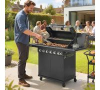 Outsunny 6+1 Burner Gas BBQ Grill, Barbecue Grill with Warming Rack, Black - Warming rack - Side table, cabinet - Gas BBQ Grill