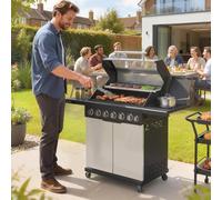 Outsunny 6+1 Burner Gas BBQ Grill, Portable Outdoor Barbecue Trolley with Wheels, Warming Rack, Built-in Thermometer, Side Shelves, Cabinet, Bottle Opener, Lid with Viewing Window, Silver Tone