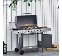 Outsunny 6+1 Burner Gas BBQ Grill, Outdoor Barbecue Trolley with Wheels, Warming Rack, Side Shelves, Cabinet, Thermometer for Garden, Party, Camping, 135 x 51.5 x 100cm, Grey