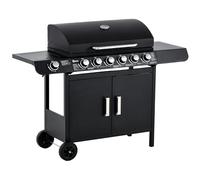 Outsunny 6+1 Burner Gas BBQ Grill, Outdoor Barbecue Trolley with Wheels, Warming Rack, Side Shelves, Cabinet, Thermometer for Garden, Party, Camping, 135 x 51.5 x 100cm, Black