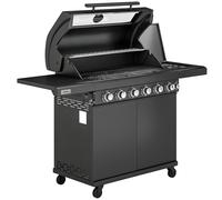 Outsunny 6+1 Burner Gas BBQ Grill, Outdoor Barbecue Trolley with Wheels, Warming Rack, Thermometer, Bottle Opener, Black
