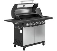 Outsunny 6+1 Burner Gas BBQ Grill, Outdoor Barbecue Trolley with Wheels, Warming Rack, Thermometer, Bottle Opener, Silver Tone