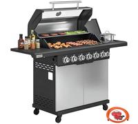 Outsunny 6+1 Burner Gas BBQ Grill, Portable Outdoor Barbecue Trolley with Wheels, Warming Rack, Built-in Thermometer, Side Shelves, Cabinet, Bottle Opener, Lid with Viewing Window, Silver Tone