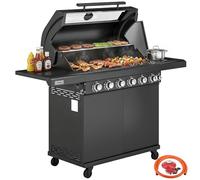 Outsunny 6+1 Burner Gas BBQ Grill, Portable Outdoor Barbecue Trolley with Wheels, Warming Rack, Built-in Thermometer, Side Shelves, Cabinet, Bottle Opener, Lid with Viewing Window, Black