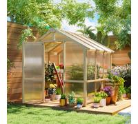 Outsunny 6.6 x 6ft Polycarbonate Greenhouse, Walk-in Wooden Greenhouse with Lockable Door and Window, Garden Plants Grow House, Brown