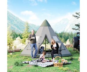 Outsunny 6-7 Person Large Family Camping Tent with Carry Bag, Grey - 2.6m High Tipi, Pre-Attached Rust-Resistant Poles, 8 Windows (A20-136GN)