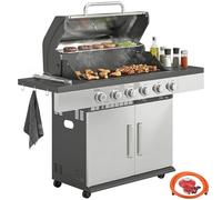 Outsunny 6 Burner Liquid Propane Gas BBQ Grill, Outdoor Portable Gas Barbecue Grill with Warming Rack, Side Tables, Storage Cabinet, Thermometer, 4 Wheels, Grease Tray for Outdoor Cooking, Silver