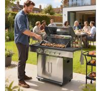 OUTSUNNY 6 Burner Liquid Propane Gas BBQ Grill, Portable Gas Barbecue Grill in Silver Outsunny Silver