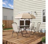 OUTSUNNY 6 Pieces Patio Dining Set with Umbrella 4 Folding Chairs & Glass Table in Beige Outsunny Beige