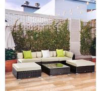 Outsunny 6 Pieces Rattan Garden Furniture Set, 5 Seater Garden Sofa Set with Thickened Cushions, Glass Top Coffee Table and Ottomans, Outdoor Sectional Conservatory Furniture with Pillows, Brown Brown