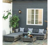 Outsunny 6 Pieces Rattan Garden Furniture Set, 5 Seater Garden Sofa Set with Thickened Cushions, Glass Top Coffee Table and Ottomans, Outdoor Sectional Conservatory Furniture with Pillows, Grey Grey
