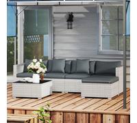 Outsunny 6 Pieces Rattan Garden Furniture Set, 5 Seater Sectional Garden Corner Sofa Set with Glass Top Coffee Table, Cushions and Pillows, All-Weather Wicker Conversation Furniture, Mixed Grey Grey