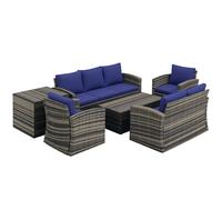 Outsunny 6 Pieces Rattan Garden Furniture Set, 7 Seater Wicker Outdoor Furniture Set with Storage Tea Table & Side Table, Sectional Garden Sofa Set with Cushions, Orange Blue