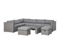 Outsunny 6 Pieces Rattan Garden Furniture Set, Wicker Garden Corner Sofa Set with 10cm Thickened Cushions, Aluminium Frame Conservatory Furniture with Glass Top Coffee Table, Footstools, Grey Grey