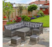 Outsunny 6 Pieces Rattan Garden Furniture Set, 8-Seater Garden Corner Sofa Set with 3 Loveseats, Glass Top Table, Footstools, Outdoor Conservatory Furniture with Cushions for Patio, Grey