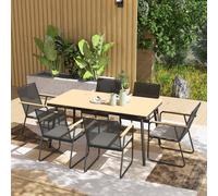 Outsunny 6 Seater Garden Dining Set with Cushions Rattan Backrest, Grey - Natural wood finish - Metal, Wood Plastic Composites - 160W x 85D x 75H cm