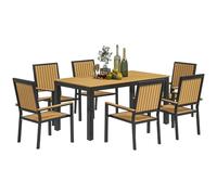 Outsunny 6 Seater Aluminium Garden Dining Set with Stackable Chairs, Brown - Natural wood finish - Aluminium, Wood Plastic Composites - 85W x 160D x 75H cm