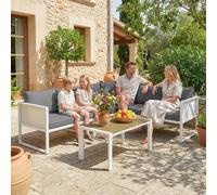 Outsunny 6 Seater Metal Garden Furniture Corner Sofa Set, White - Metal, Texteline, Cationic Polyester, Wood Plastic Composite - White frame, light grey cushions, natural wood table - 3 loveseats + 1 