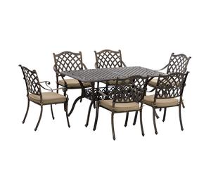 Outsunny 6-Seater Patio Dining Set with Umbrella Hole, Cast Aluminum Patio Furniture Set with Six Cushioned Chairs and Rectangle Dining Table, Bronze
