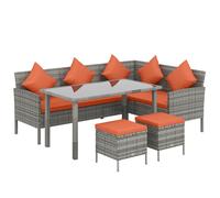 Outsunny 6-Seater Rattan Dining Set Sofa Table Footstool Outdoor w/ Cushion Garden Furniture, Orange