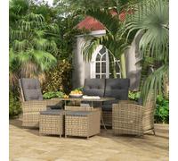 Outsunny 6 Seater Rattan Dining Set With 2 Reclining Chairs, Cushions, Glass Top Table In Mid Grey Mid Grey