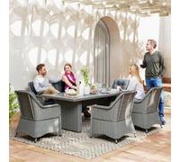 Outsunny 6 Seater Rattan Dining Set with Glass Top Table and Cushions, Grey