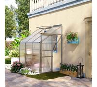 Outsunny 6 x 4ft Lean to Wall Polycarbonate Greenhouse Aluminium Walk-in Garden Greenhouse with Adjustable Roof Vent, Rain Gutter and Sliding Door, Clear