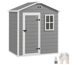 Outsunny 6 x 4ft Plastic Shed with Floor, Wood Effect Resin Garden Shed with Window, Lockable Door, Lock and Keys, Vents, All Weather Resistant for Outdoor, Patio, Lawn, Grey