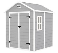 Outsunny 6 x 5ft Garden Shed, Plastic Shed with Floor, Window, Lockable Doors and Vents, Wood Effect Resin Tool Shed for Outdoor Patio, Light Grey Grey
