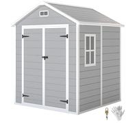 Outsunny 6 x 5ft Garden Shed, Plastic with Floor, Window, Lockable Doors and Vents, Wood Effect Resin Tool for Outdoor Patio, Light Grey