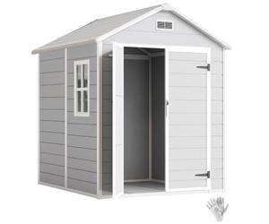Outsunny 6 x 5ft Garden Shed, Plastic with Floor, Window, Lockable Doors and Vents, Wood Effect Resin Tool for Outdoor Patio, Light Grey