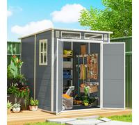 Outsunny 6 x 6 ft Plastic Garden Shed with Floor, Lockable Doors - Grey - PP, Aluminium - Garden Storage Shed