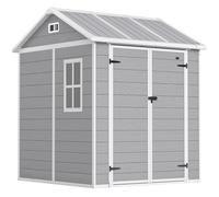 Outsunny 6 x 6ft Garden Shed with Floor, Window, Lockable Doors and Vents, Wood Effect Resin Tool Shed for Outdoor Patio, Grey