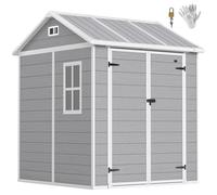 Outsunny 6 x 6ft Garden Shed with Floor, Window, Lockable Doors and Vents, Wood Effect Resin Tool Shed for Outdoor Patio - Grey - Grey - PP Resin, Aluminium
