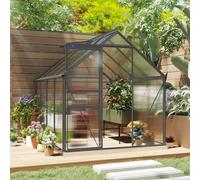 Outsunny 6 x 8ft Polycarbonate Greenhouse, Large Walk-In Greenhouse with Adjustable Roof Vent, Garden Green House with Galvanised Base, Sliding Door and Rain Gutter, Dark Grey Grey