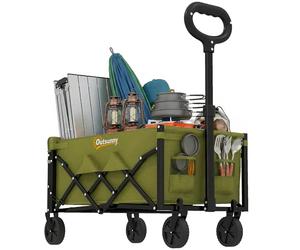 Outsunny 60L Foldable Festival Trolley on Wheels, Collapsible Wagon Cart with Drop-Down Tailgate, Adjustable Handle and Cup Holders, Portable Camping Cart for Garden Picnic, Outdoor Fishing, Green
