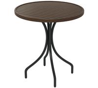 Outsunny 66cm Garden Side Table, Round Bistro Coffee Table, Outdoor Patio Table with Steel Frame and Slat Tabletop for Balcony and Porch, Brown Wood Grain