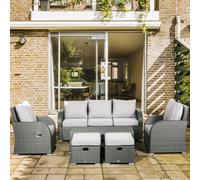 OUTSUNNY 6pc Cushioned Outdoor Rattan Wicker 3-Seat Sofa, Recliner, Footstool, Table Set in Light Grey Outsunny Light Grey