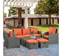 Outsunny 6pc Padded Outdoor Rattan Wicker 3-Seat Sofa Recliner Footstool Table, Orange