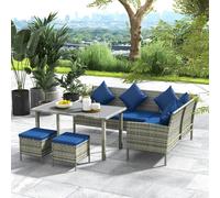 Outsunny 6Pcs Rattan Sofa Set Coffee Table Footstool Outdoor - Grey - Blue