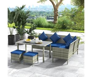 Outsunny 6Pcs Rattan Sofa Set Coffee Table Footstool Outdoor - Grey - Blue