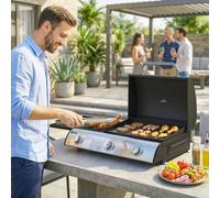 Outsunny 3 Burner Portable Gas Plancha BBQ Grill, 7.5 kW Outdoor Tabletop Gas Barbecue Grill with Griddle, Convertible Side Shelf, Built-in Thermometer, Lid, Adjustable Foot Pads for Camping, Black