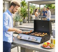 Outsunny 3 Burner Portable Gas Plancha BBQ Grill, 7.5 kW Outdoor Tabletop Gas Barbecue Grill with Griddle, Convertible Side Shelf, Built-in Thermometer, Lid, Adjustable Foot Pads for Camping, Black