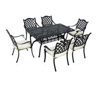 Outsunny 7-PC Cast Aluminium Patio Dining Set w/ Umbrella Hole & Cushion, Black