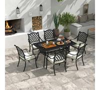 Outsunny 7-PC Cast Aluminium Patio Dining Set w/ Umbrella Hole & Cushion, Black - Black - Aluminium, Polyester - 150cmx90cmx72.5cm